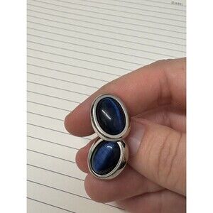 Vintage Oval Blue Cat Eye Silver Tone Cufflink Set 80s